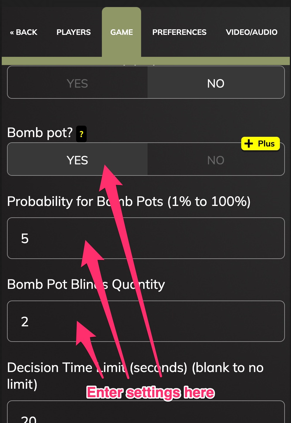 Bomb Pot Settings on Game Tab